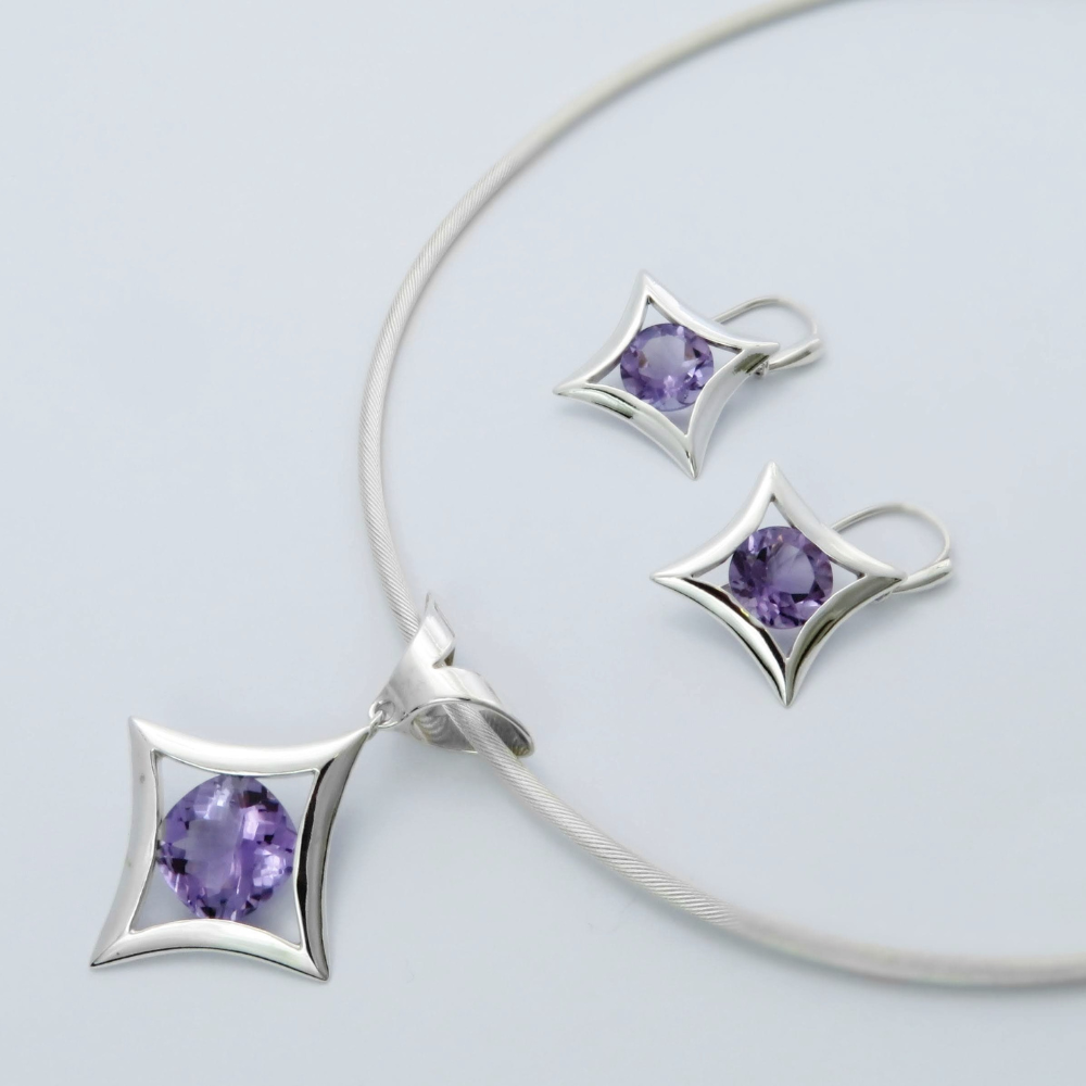 Sterling Silver Amethyst Pendant and Earrings