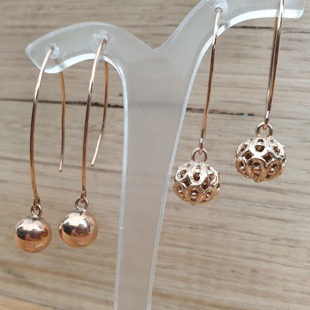 9ct Pink Gold Ball Drop Earrings and 9ct Pink Gold Filligree ball Earrings