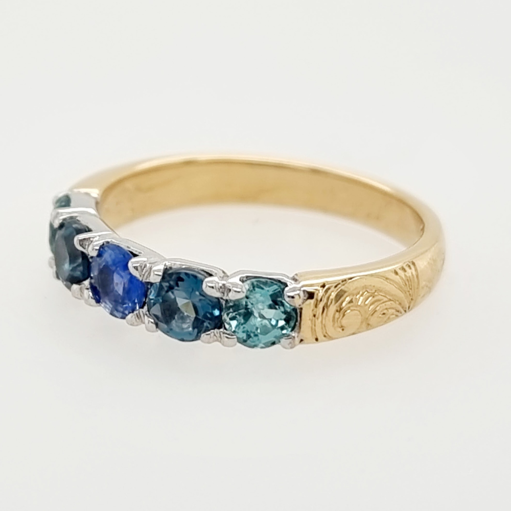 Blue Gemstone Wedding Ring with Engraved Filigree Band