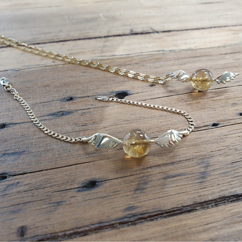 9ct Yellow Gold Curb Chain Citrine Bead Golden Snitch Bracelet and 9ct Yellow Gold Citrine Bead Golden Snitch Pendant