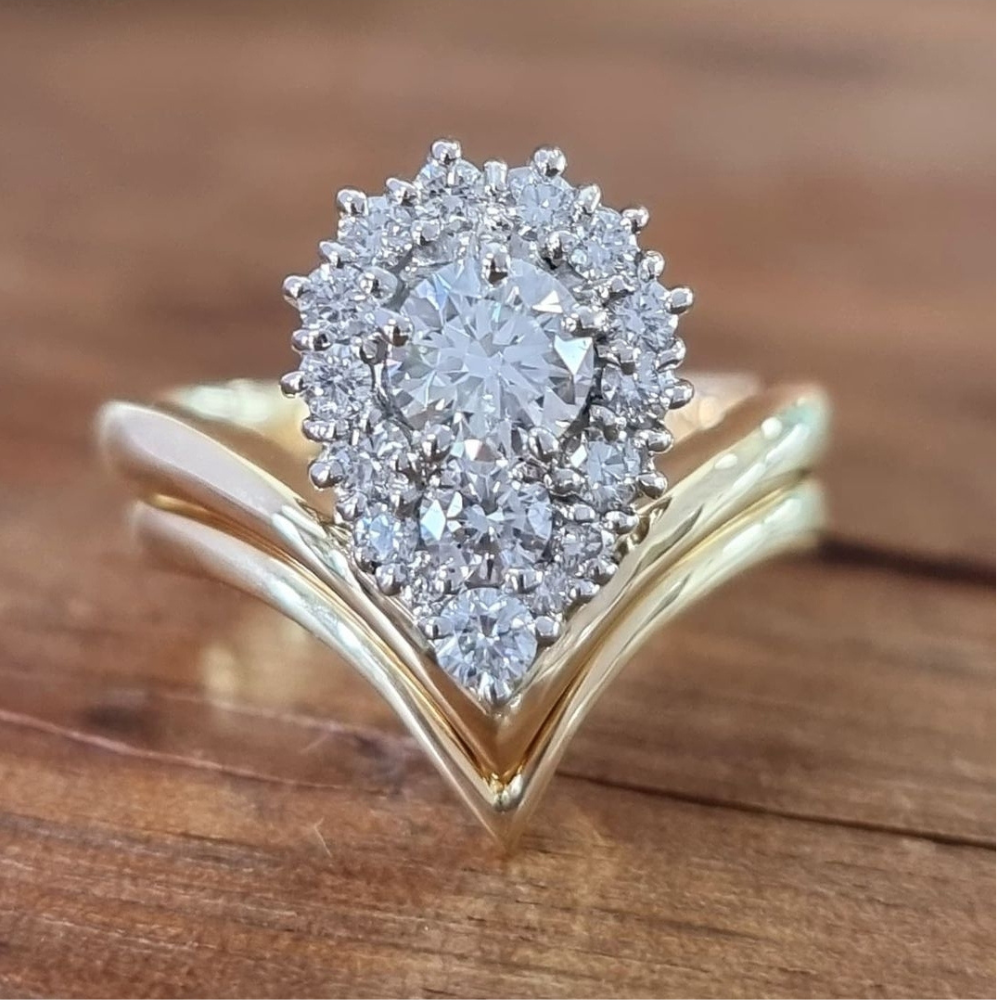 Yellow Gold Diamond Cluster Ring with Contoured Wedding Ring