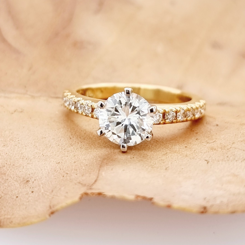 White and Yellow Gold Diamond Solitaire Ring with Shoulder Diamonds