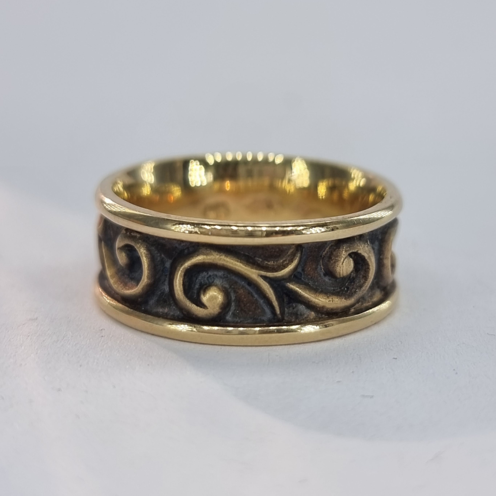 Yellow Gold Scroll Ring with Rustic Patina
