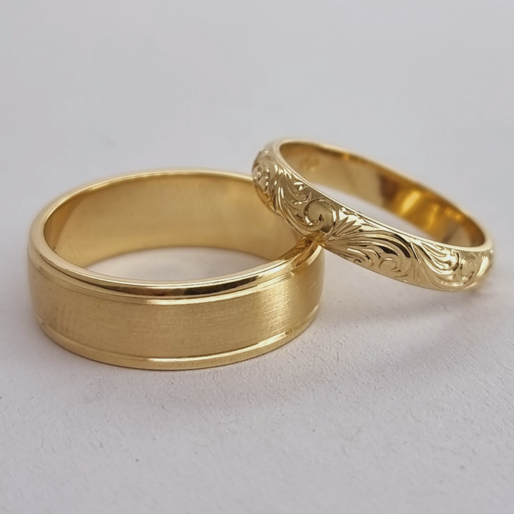 Yellow Gold Brushed and Polished finish Wedding ring and 18ct Yellow Gold Engraved Filigree Wedding Ring