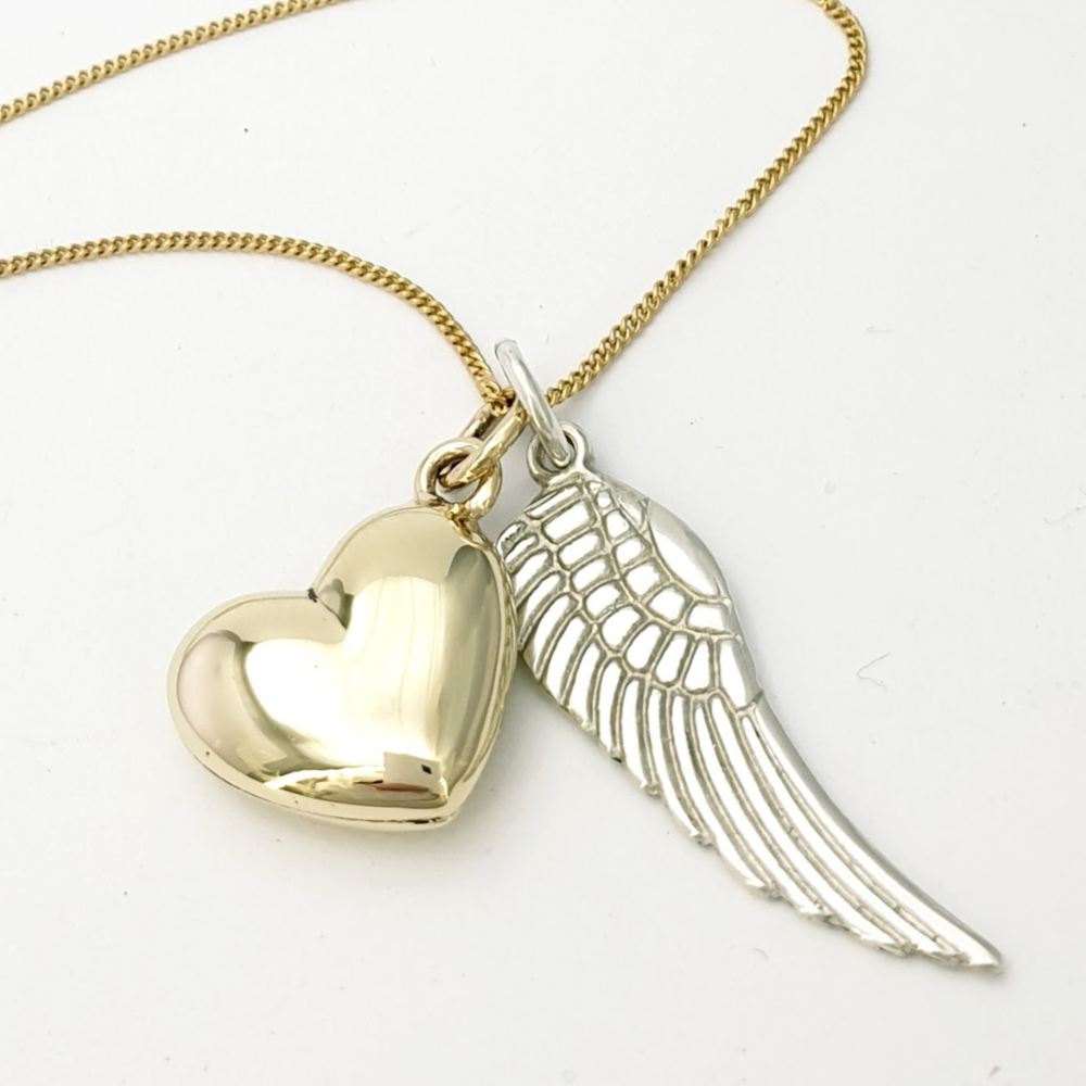 Yellow Gold Heart Pendant and Sterling Silver Angel Wing Pendant