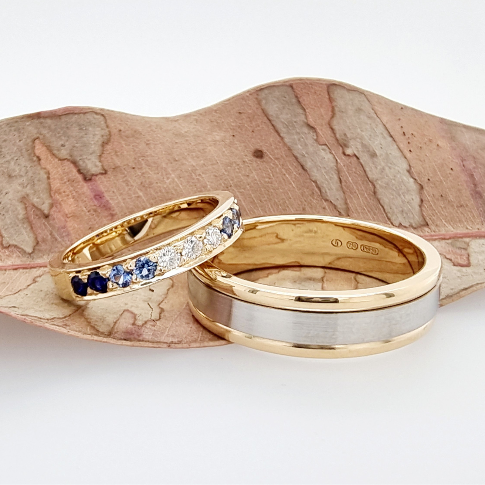 18ct Yellow Gold Sapphire and Diamond grain set Wedding Ring and 18ct Yellow Gold and Platinum Wedding Ring