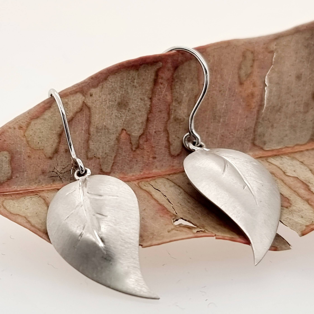 9ct White Gold Hand Made Leaf Earrings