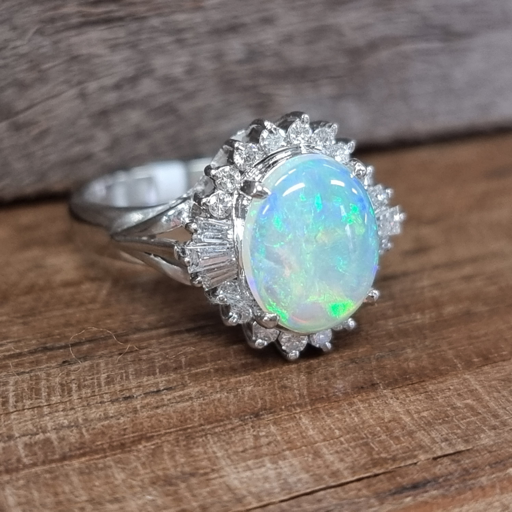 Platinum Solid Opal and Diamond Cluster Ring