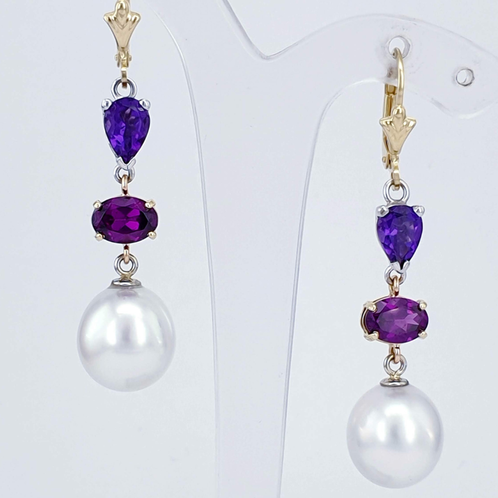 Yellow and White Gold Purple and Pink Garnet South Sea Pearl Drop Earrings