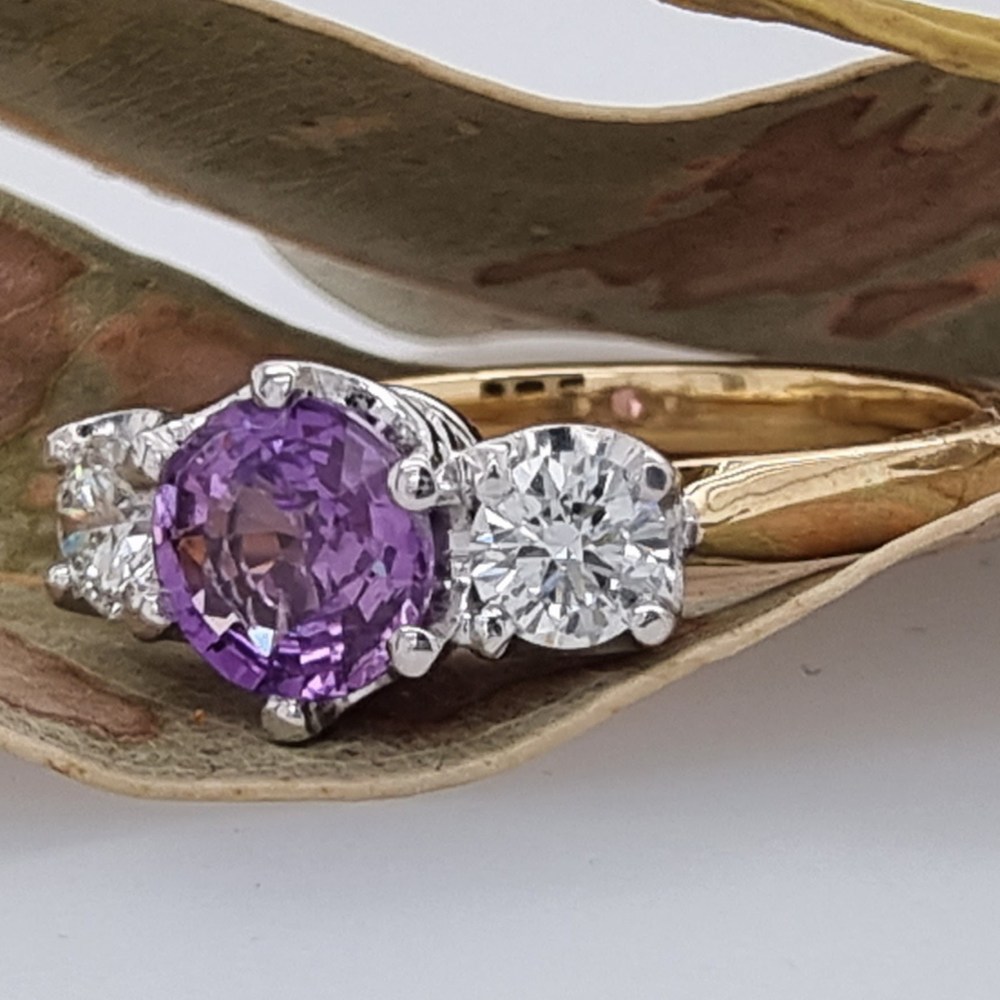 18ct Yellow and White Gold Purple Sapphire and Diamond Trilogy