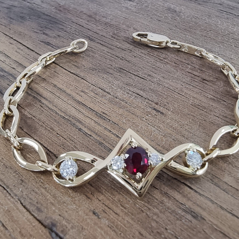 Yellow Gold Ruby And Diamond Link Bracelet