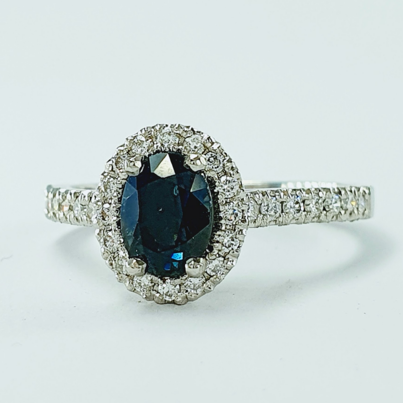 Platinum Australian Oval Sapphire with Diamond Cluster and Band
