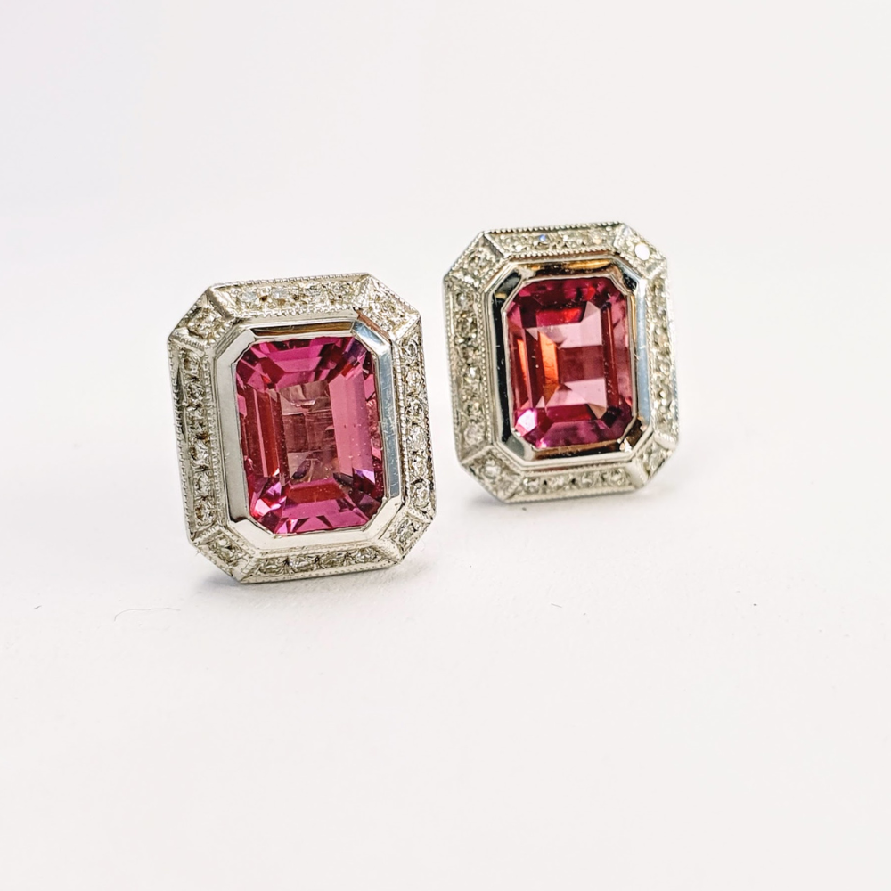 White Gold Pink tourmaline and Diamond Cluster Earrings