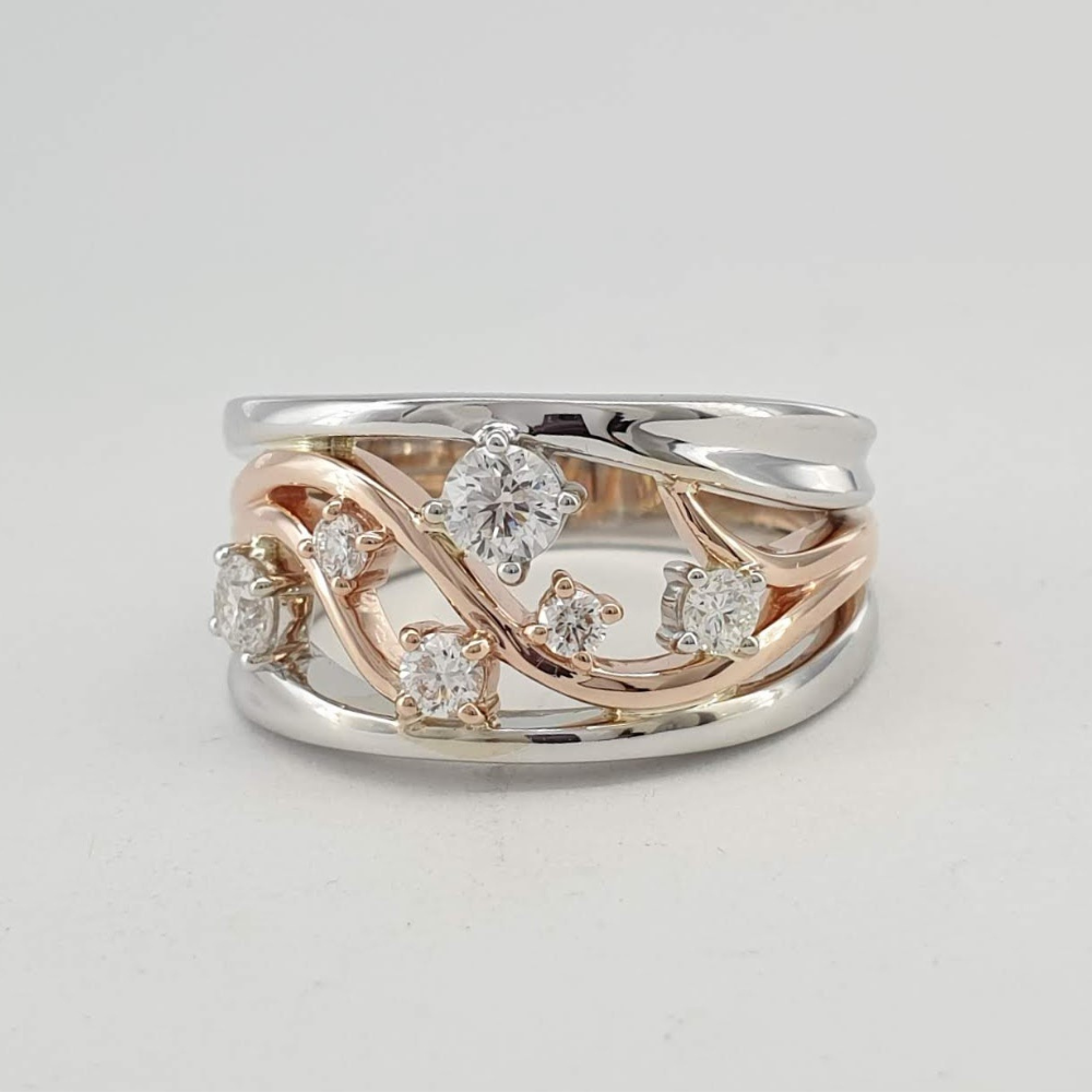 9ct Pink and White Gold Diamond Wave Ring