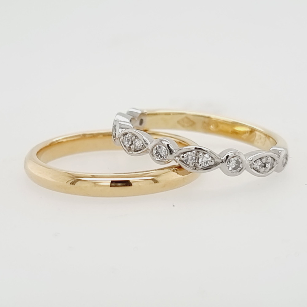 Yellow and White Gold Dainty Diamond Ring and Yellow Gold Wedding Ring