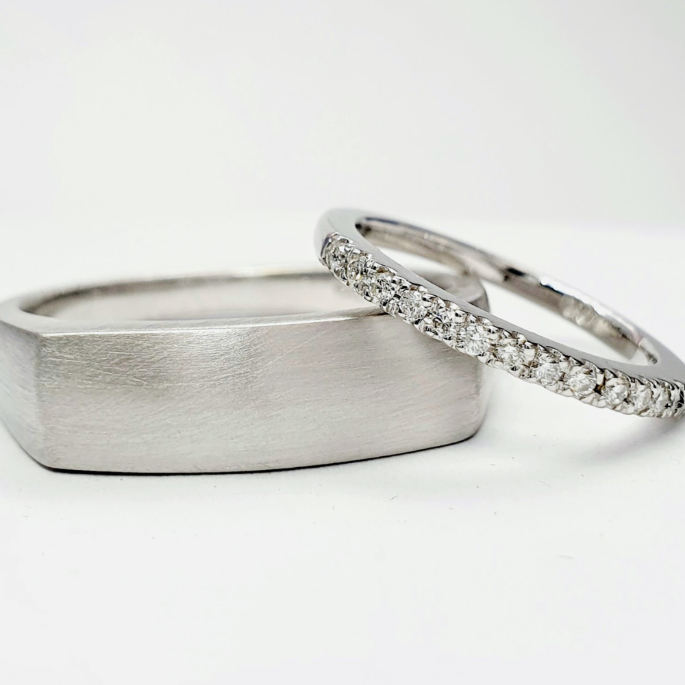 White Gold Brushed flat top Wedding Ring and White Gold claw set Diamond Wedding Ring