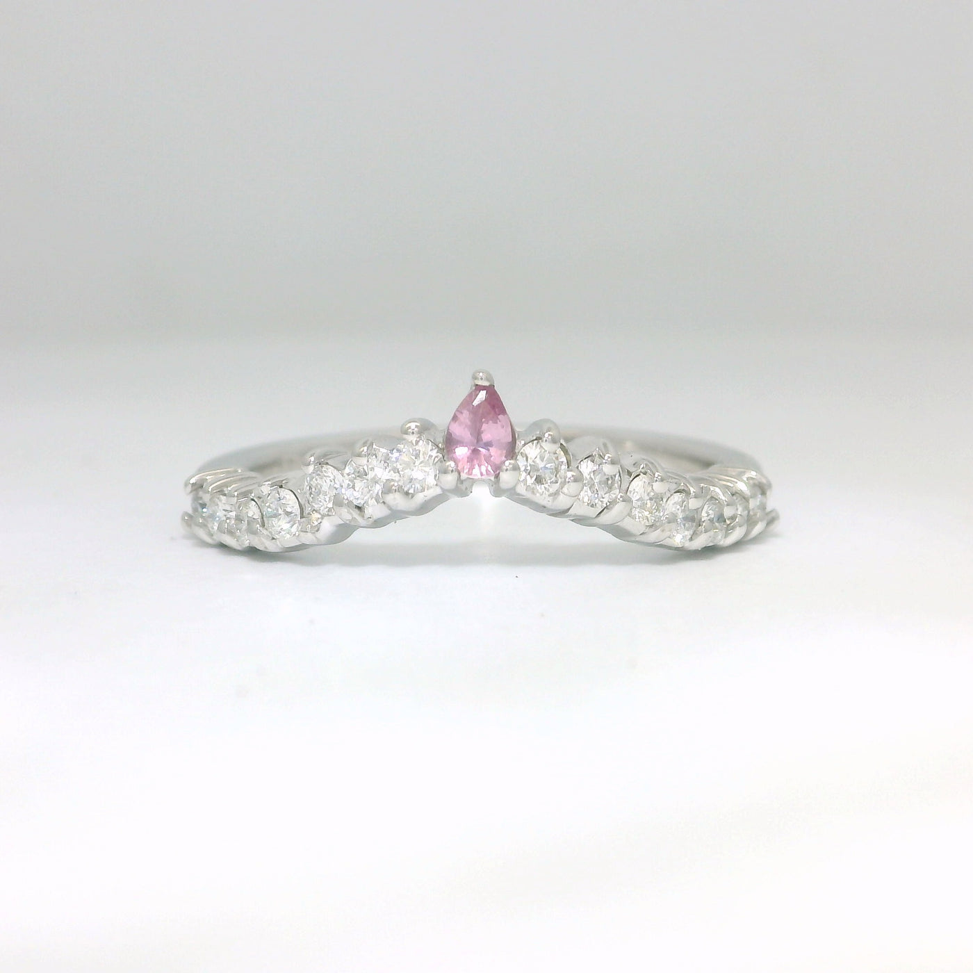 18ct White Gold Pink Sapphire and Diamond Contoured Wedder