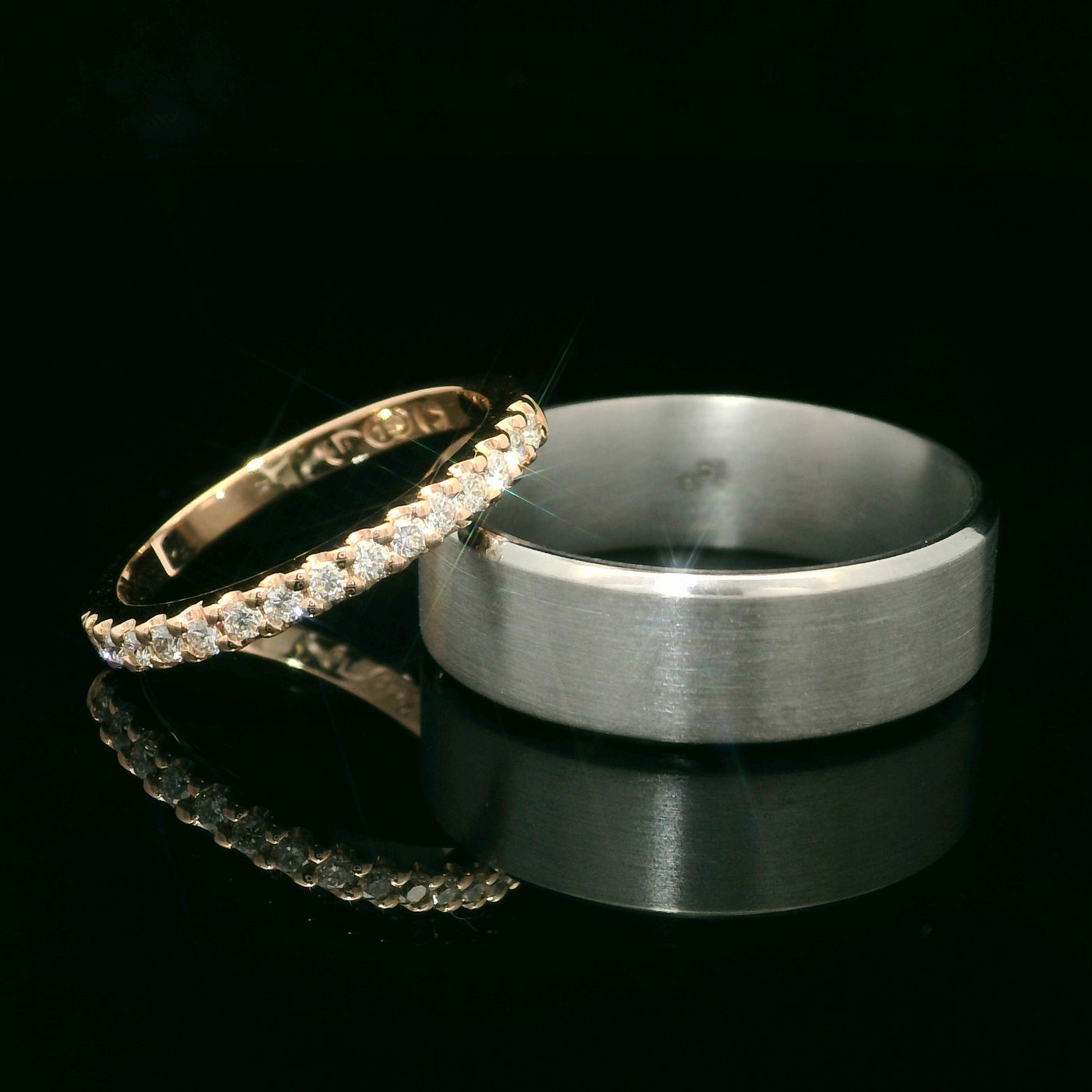 Rose Gold claw set Diamond Ring with White Gold Bevel edge Ring