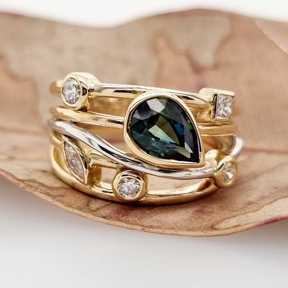 18ct Yellow Gold Sapphire and Diamond Wave Ring