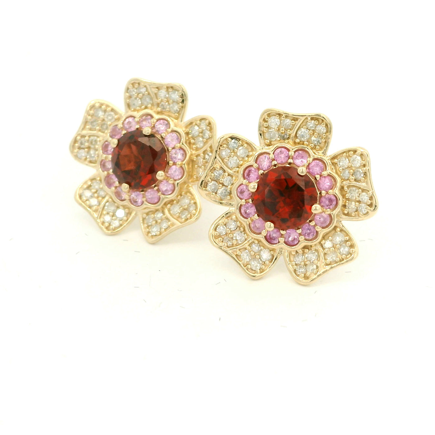 9ct Yellow Gold Garnet, Pink Sapphire and Diamond Flower stud earrings
