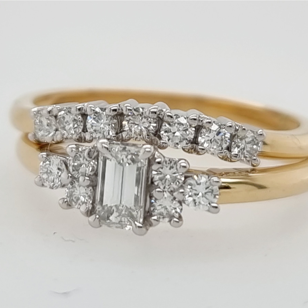 Emerald cut Diamond Ring with Shoulder Stones and Contoured Diamond Wedding Ring