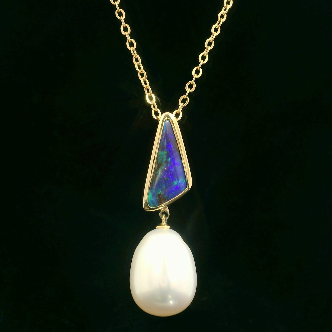 9ct Yellow Gold 2.20ct Solid Boulder Opal with South Sea Pearl Pendant