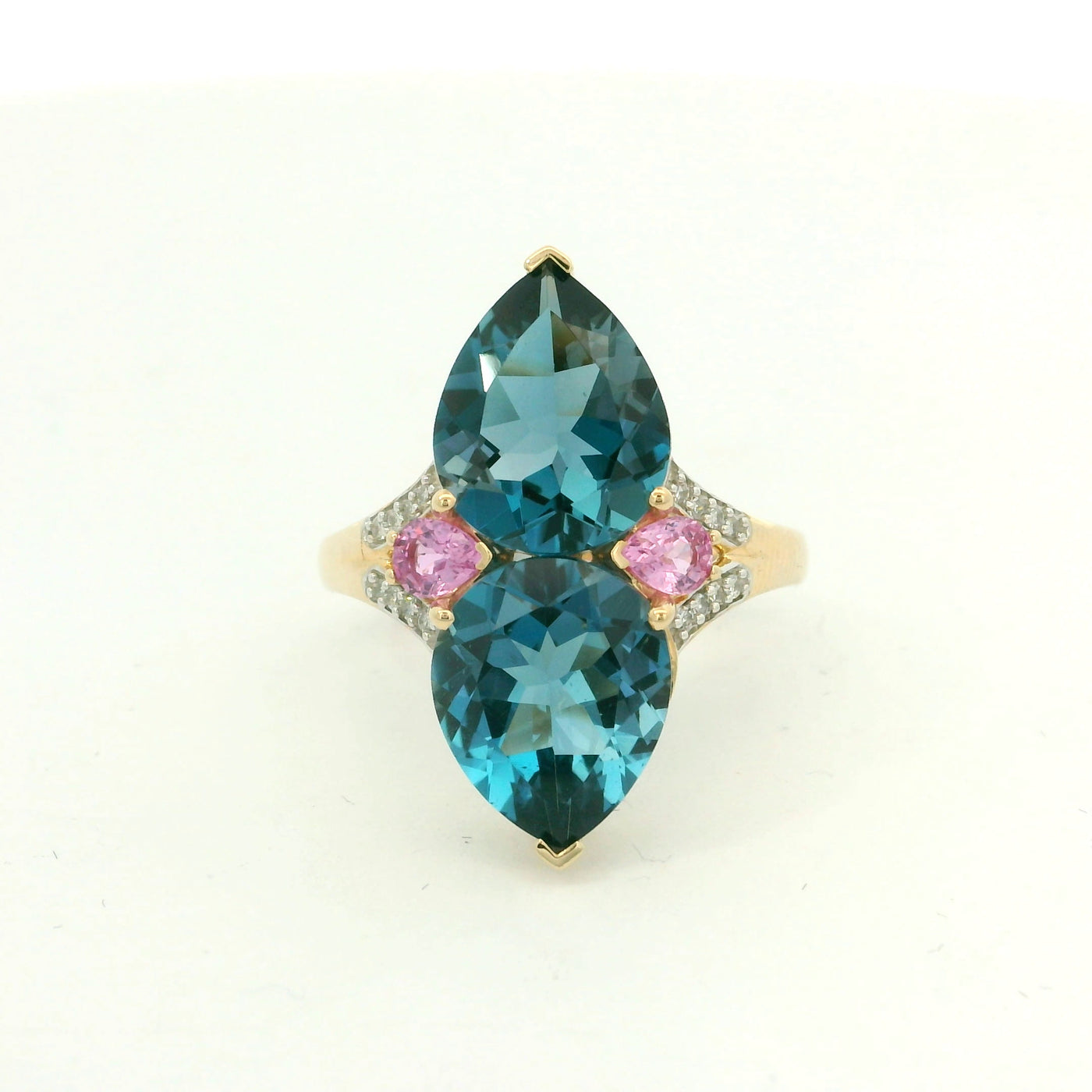 9ct Yellow Gold London Blue Topaz, Pink Sapphire and Diamond Ring