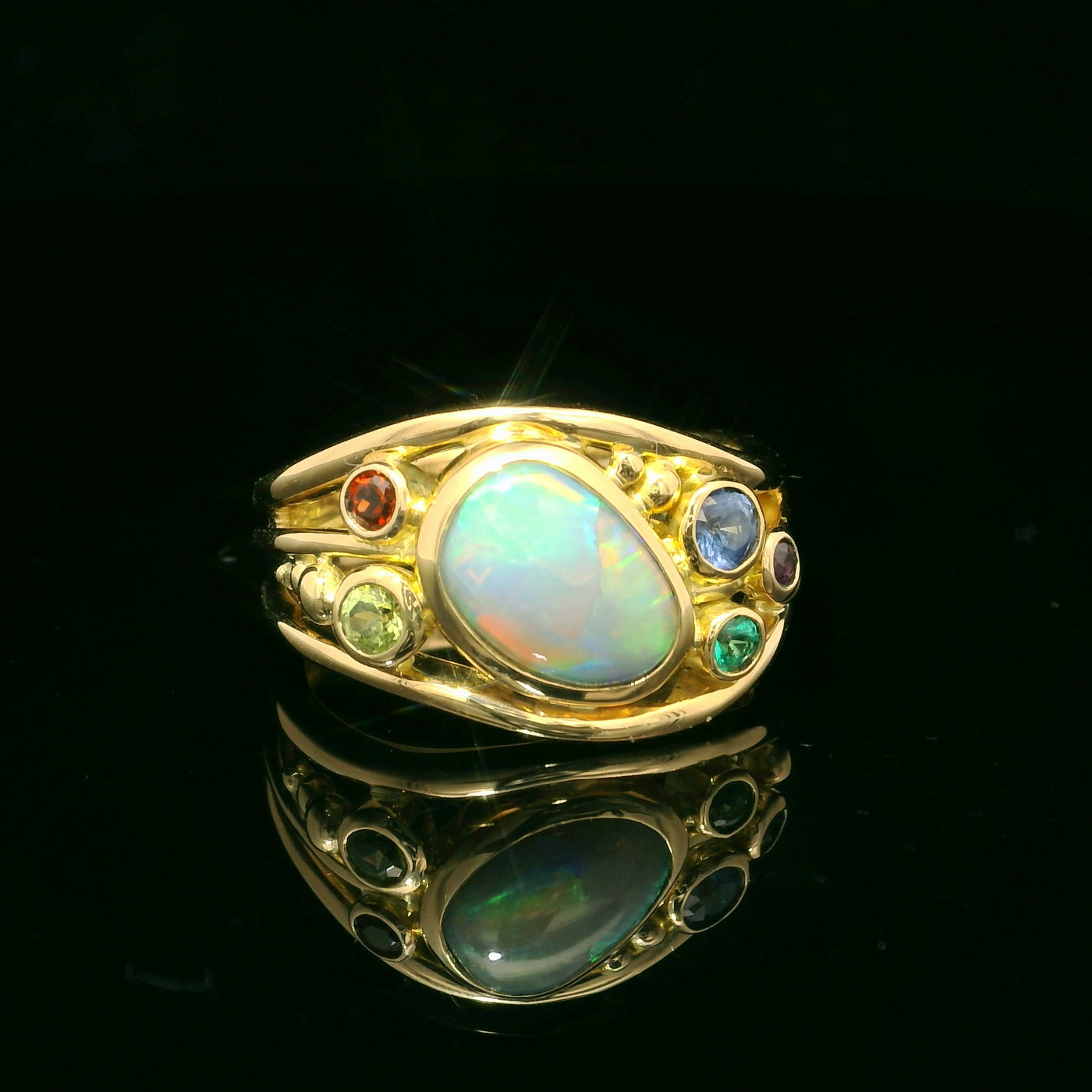 18ct Yellow Gold Freeform Black Solid Opal with Mix Gemstone Wave Ring