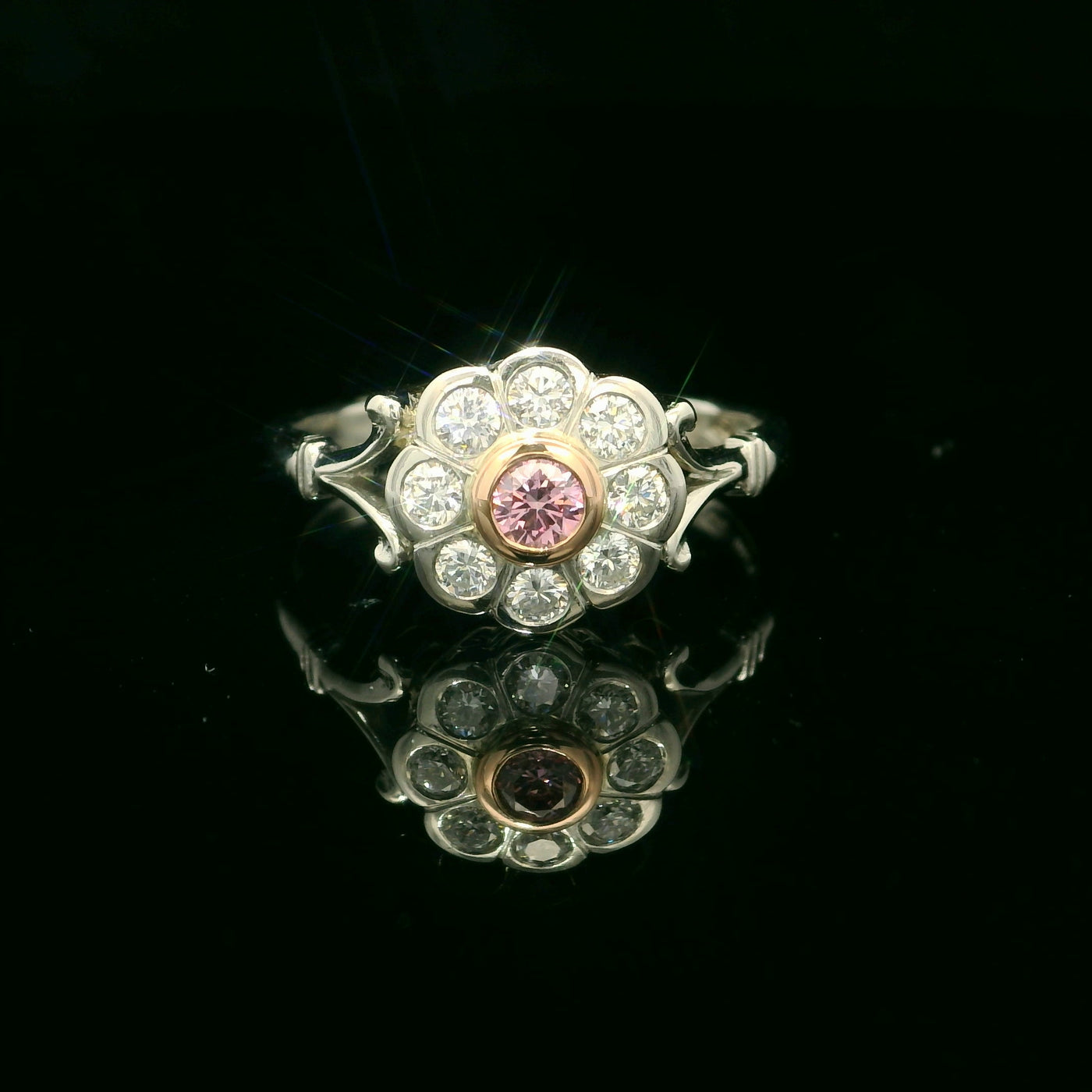 Handmade Platinum and 18 Pink Gold Argyle Pink and White Diamond Flower Cluster Ring.