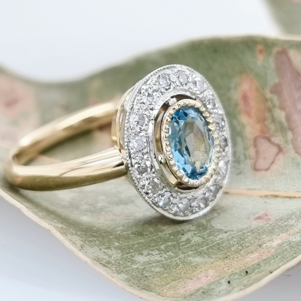 Art Deco Aquamarine and Diamond Cluster Ring