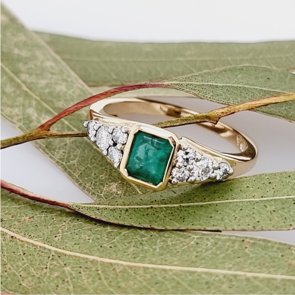 18ct White and Yellow Gold Emerald and Diamond Ring