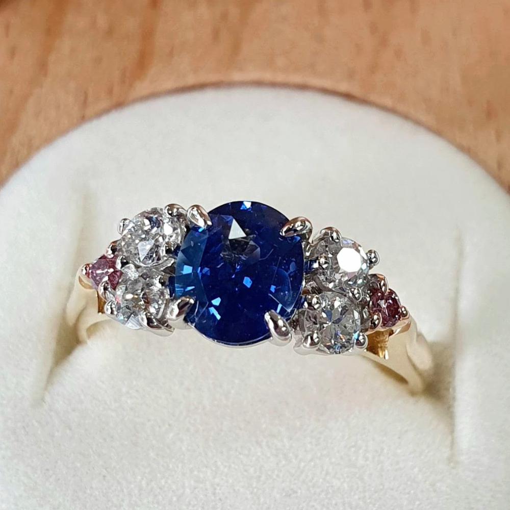 Blue Sapphire with White and Pink Argyle Diamond Ring