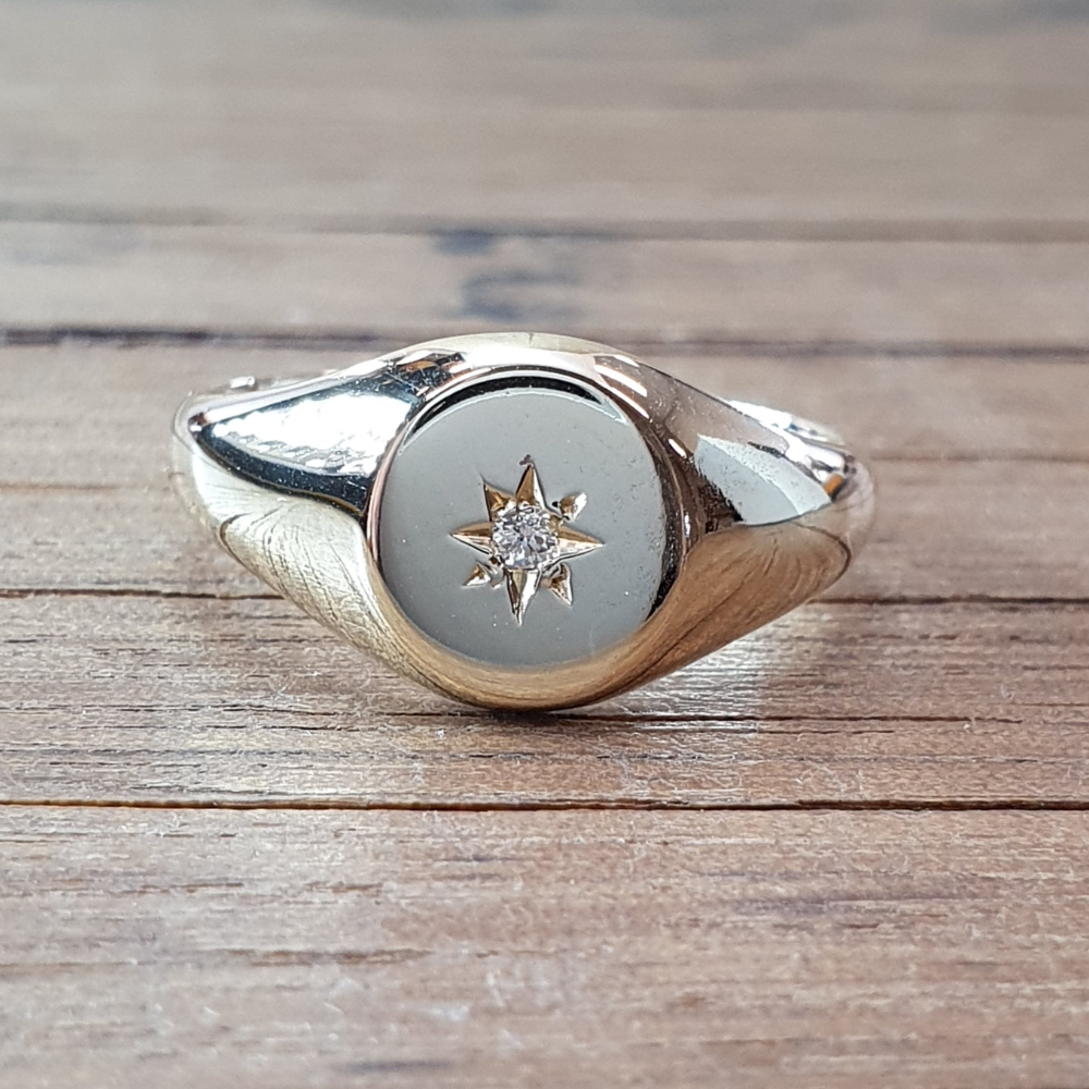 Yellow Gold Star set Diamond Signet Ring