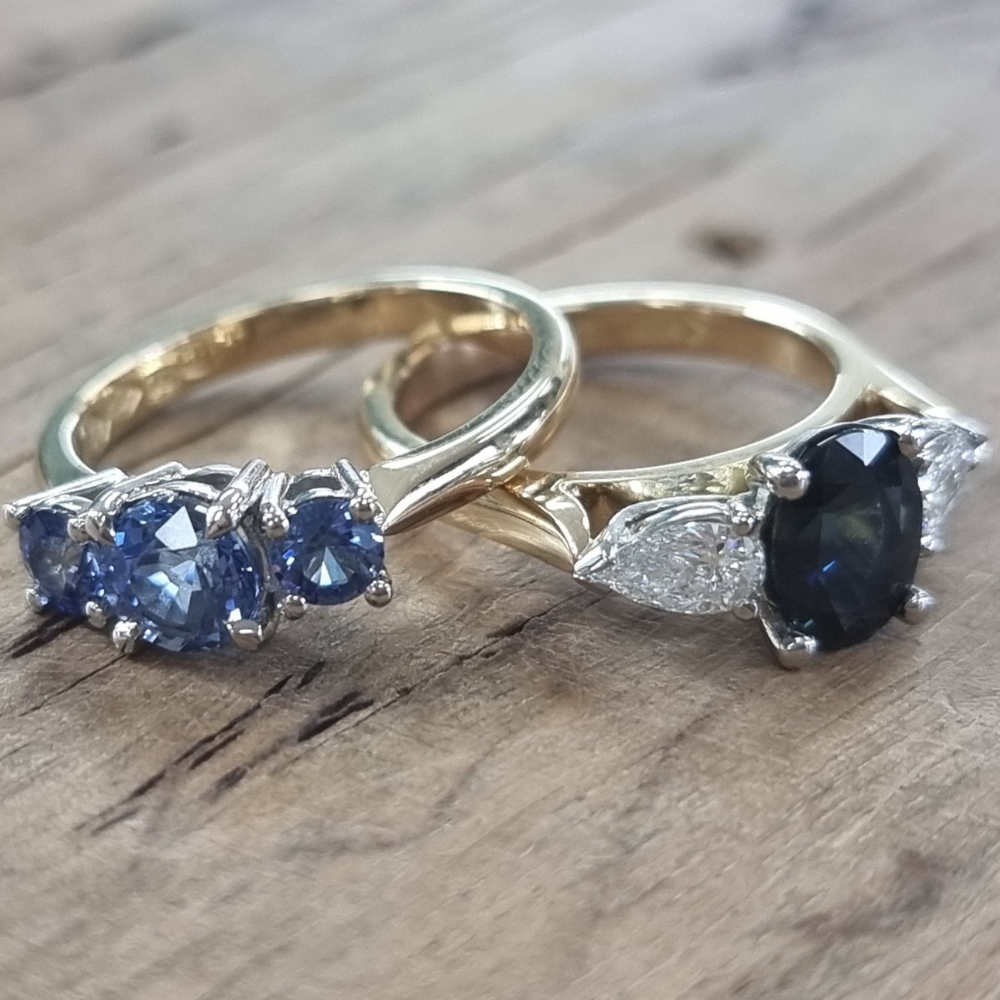 Sapphire Trilogy Ring with Sapphire and Diamond Trilogy Ring