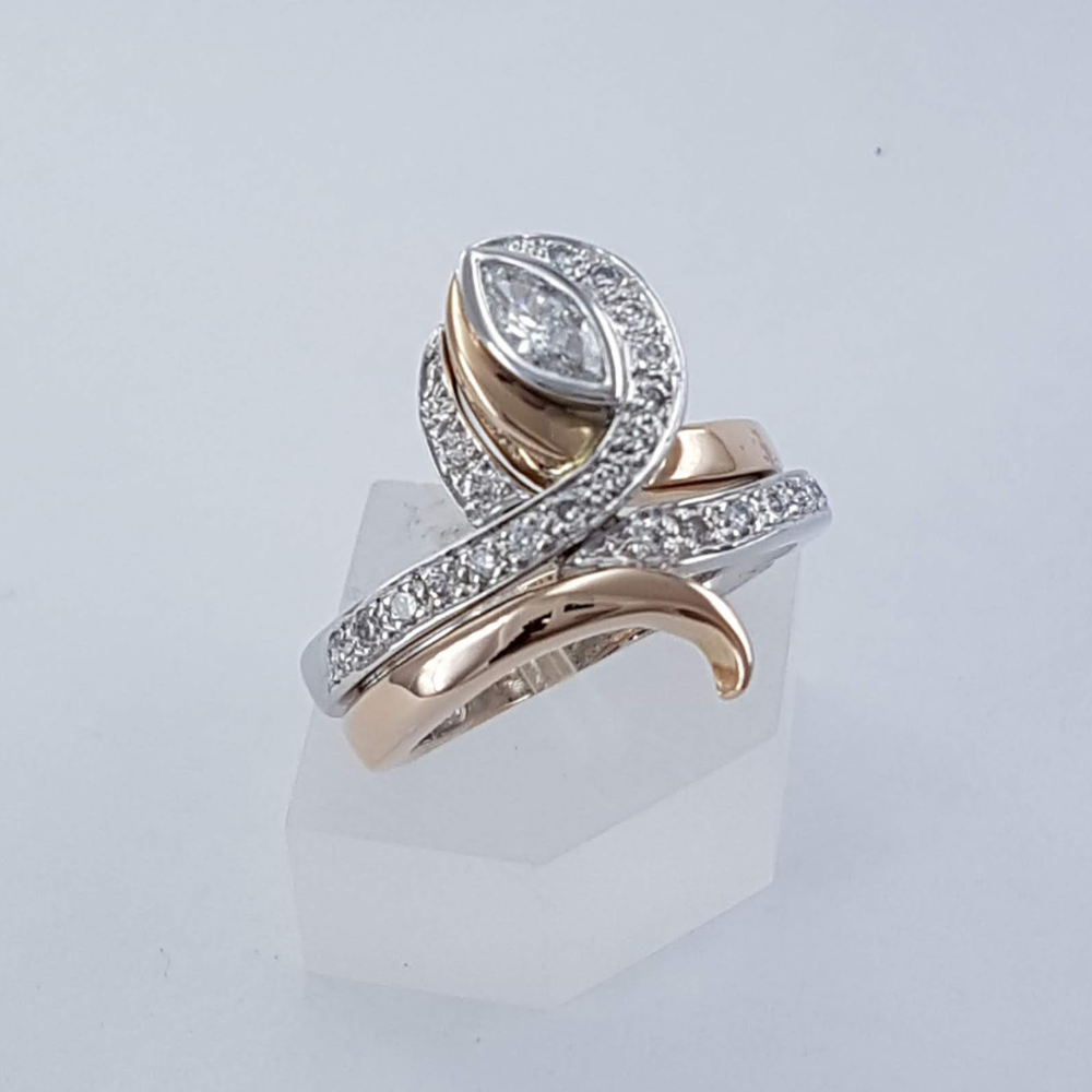 Rose and White Gold Diamond Engagement Ring with Matching Contoured Diamond Wedding Ring